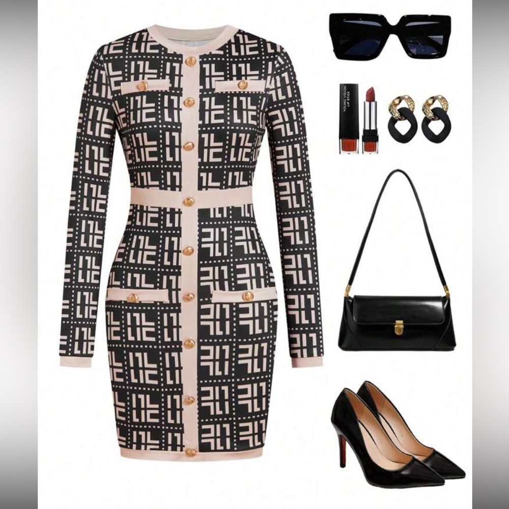 Chic Black and cream Patterned Dress